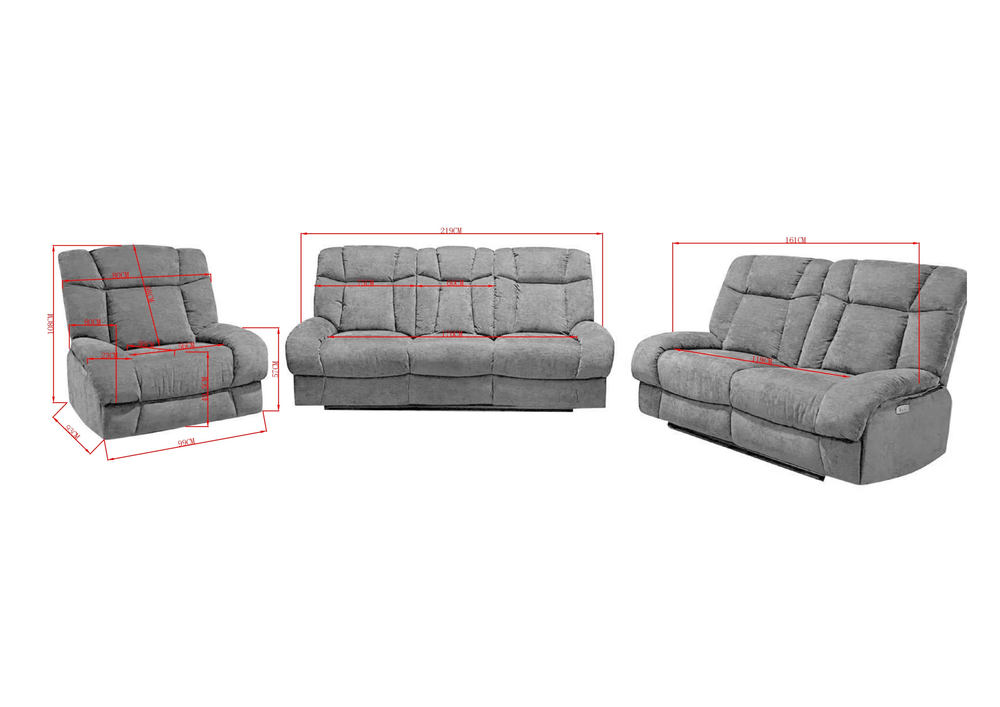 Harlow Fabric 2+3 Seater Electric Recliner Set Silver