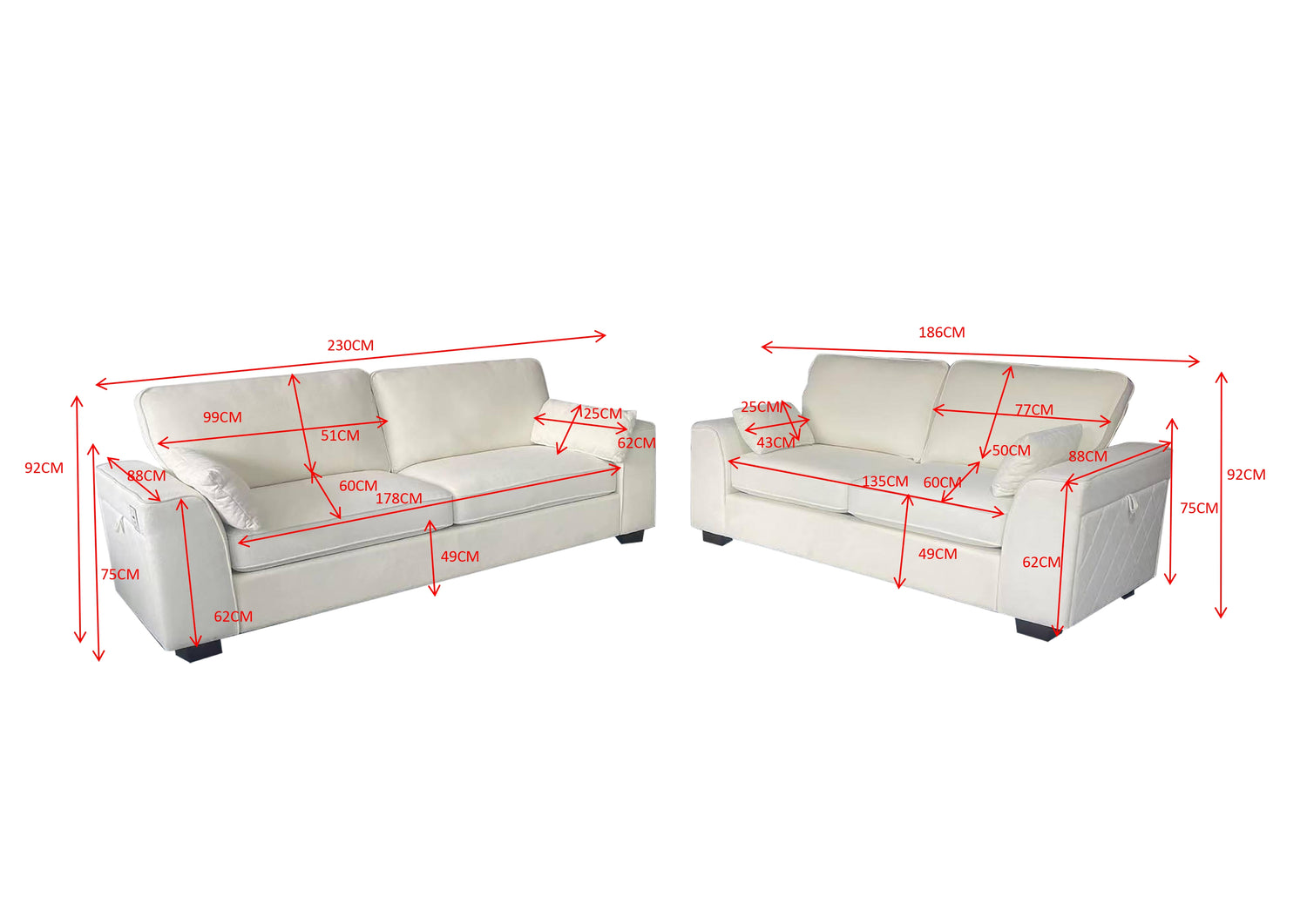 Henley 2+3 Seater Sofa Set with Cupholder on Side and and Storage Cream