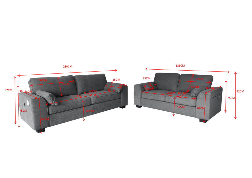 Henley 3 Seater Sofa Set with Cupholder on Side and and Storage Grey