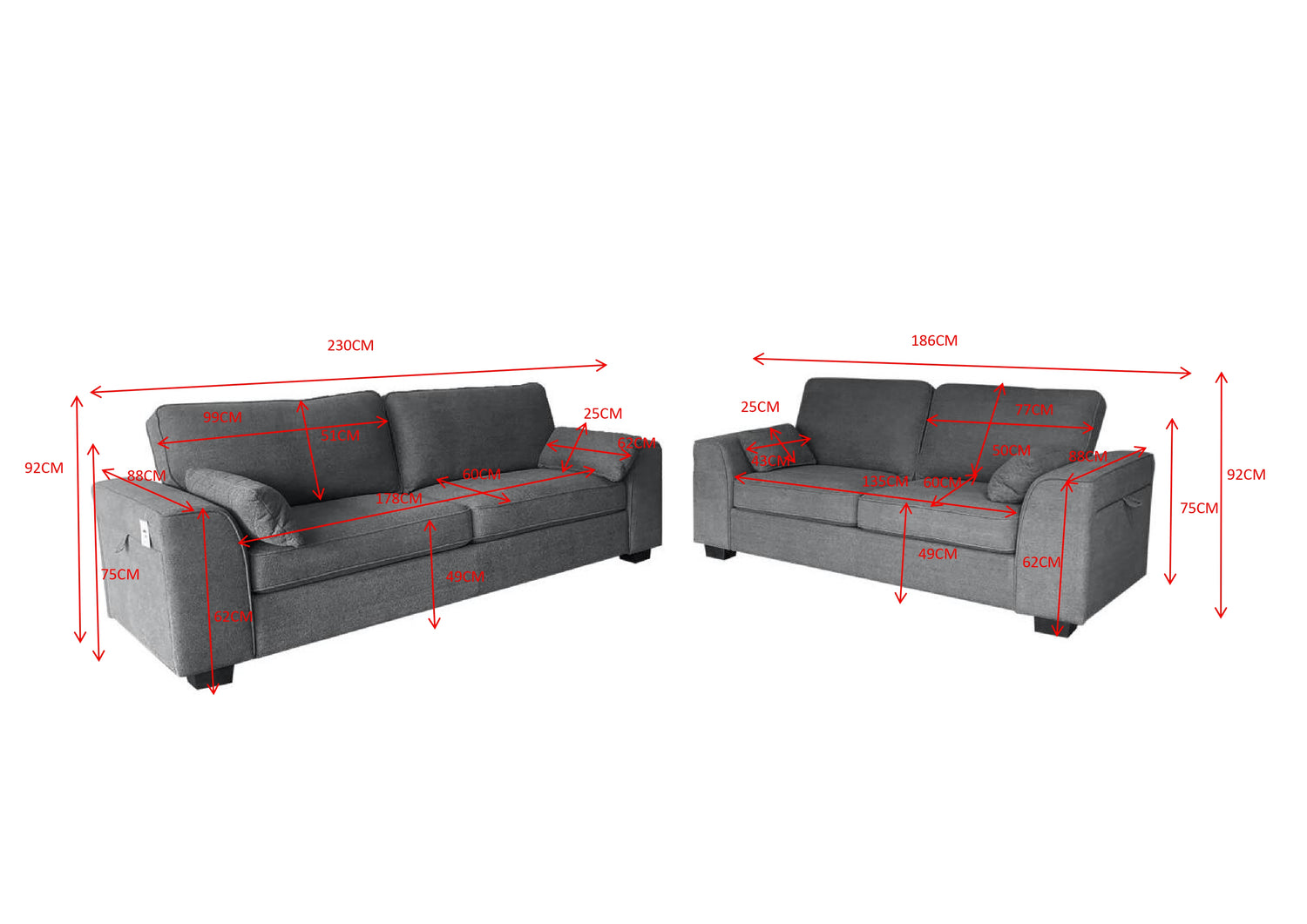 Henley 2 Seater Sofa Set with Cupholder on Side and and Storage Grey