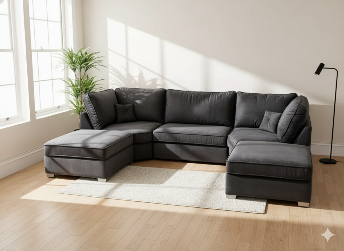 Prime Ushape Fullback Sofa Plush Velvet Black