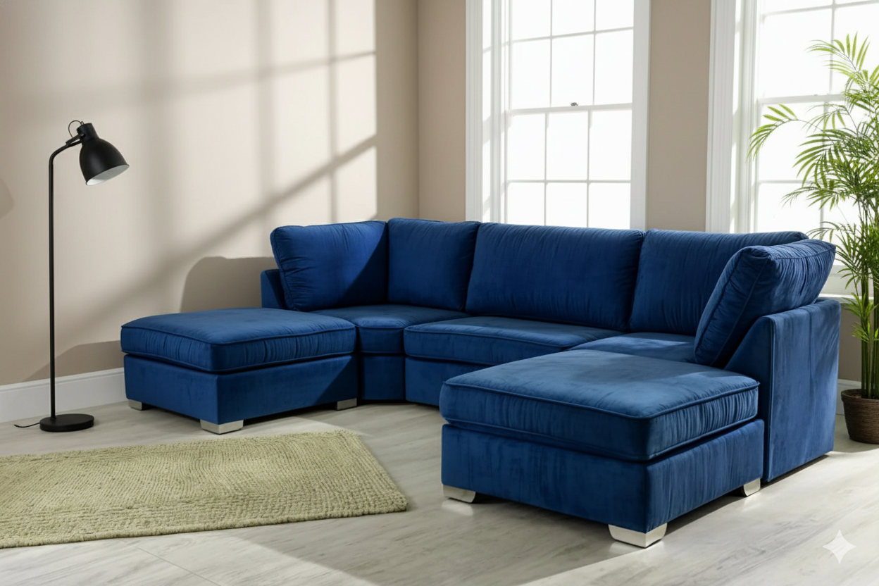 Prime Ushape Fullback Sofa Plush Velvet Blue