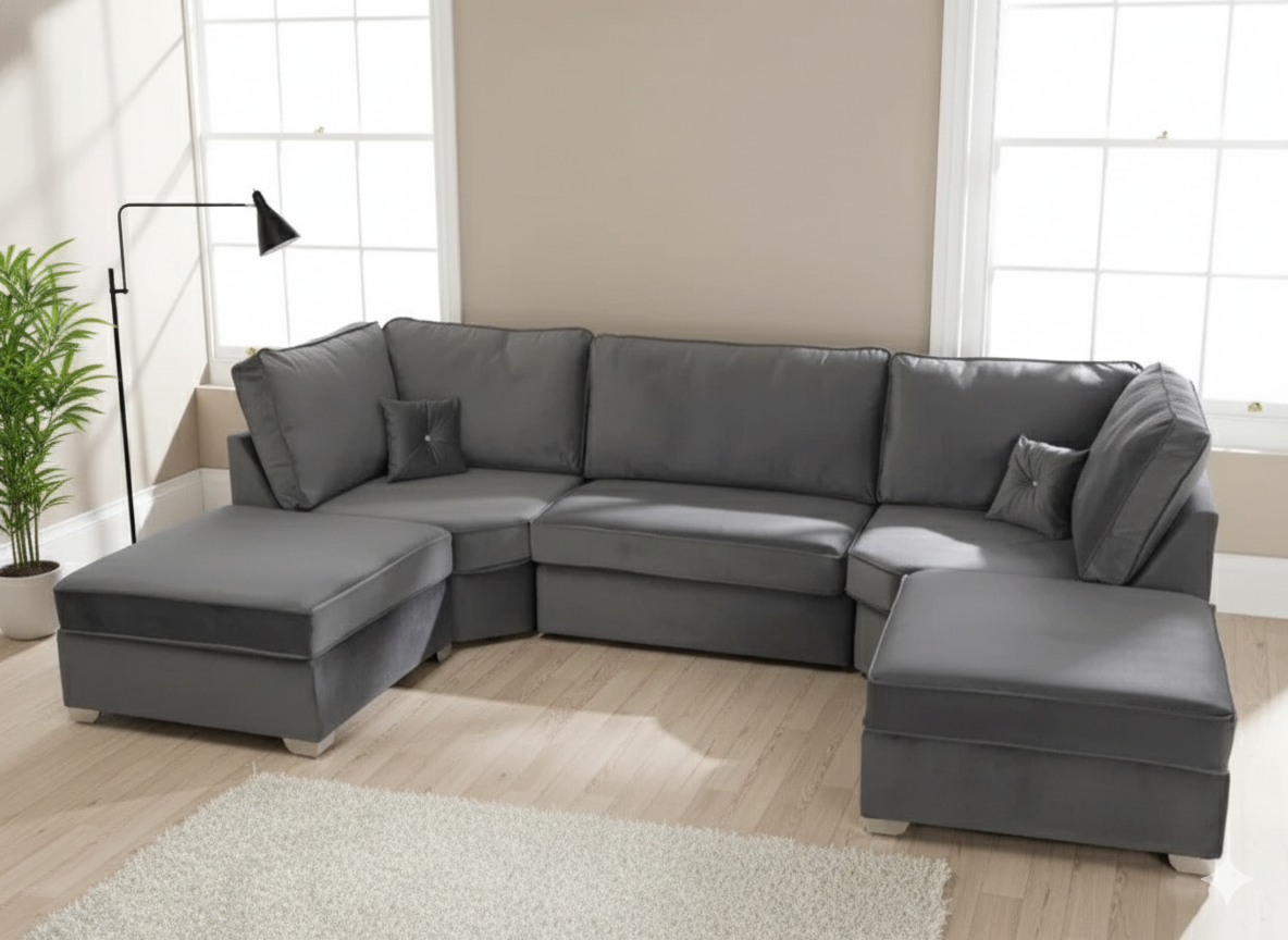 Prime Ushape Fullback Sofa Plush Velvet Grey